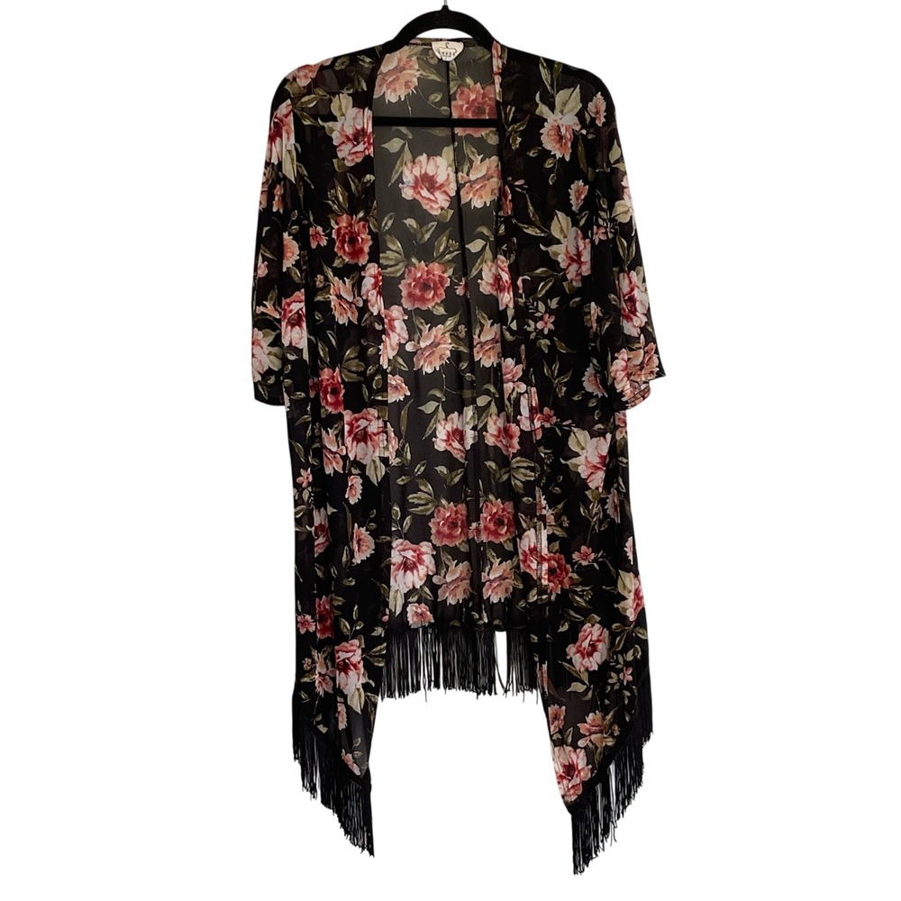 Ember Womens Garden Floral Mesh‎ Kimono Wrap Black Pink Rose Fringe Trim Large